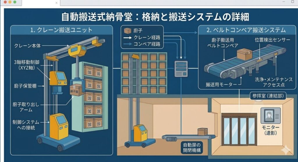 Google Geminiで生成した「自動搬送式納骨堂の仕組み」概念図。